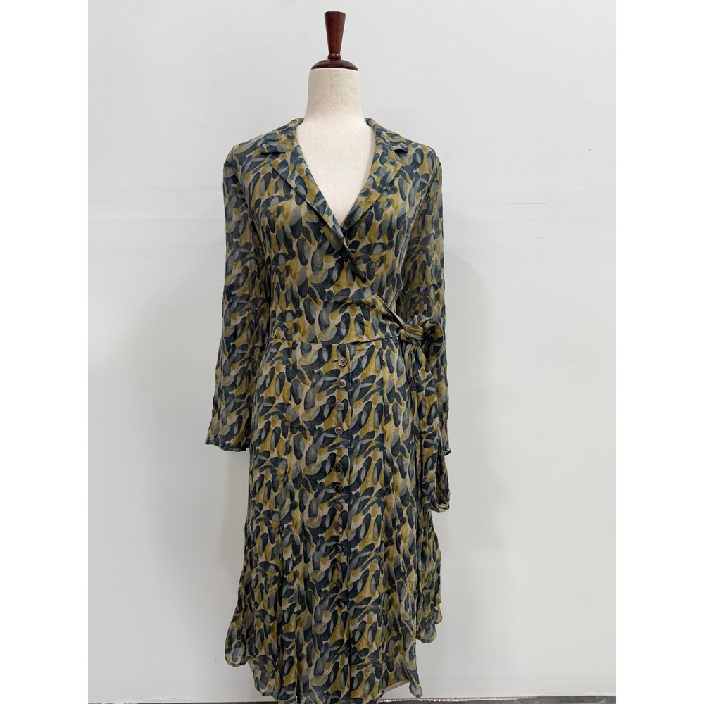 Jones New York Silk Wrap Dress 16 Green Abstract Print Midi Button Front